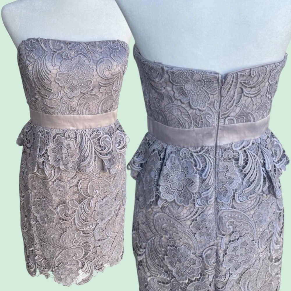 🩶New Adrianna Papell Strapless Lace Dress in Gray. Measurements in pictures.